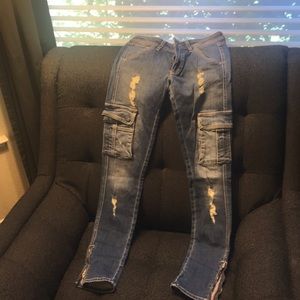 Alice + Olivia Distressed Skinny Cargo Jeans in Medium Blue